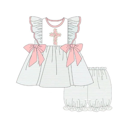 Presale GSSO1533 Flower Cross Green Stripe Pink Bow Flying Sleeve Shorts Set 2024 10.26