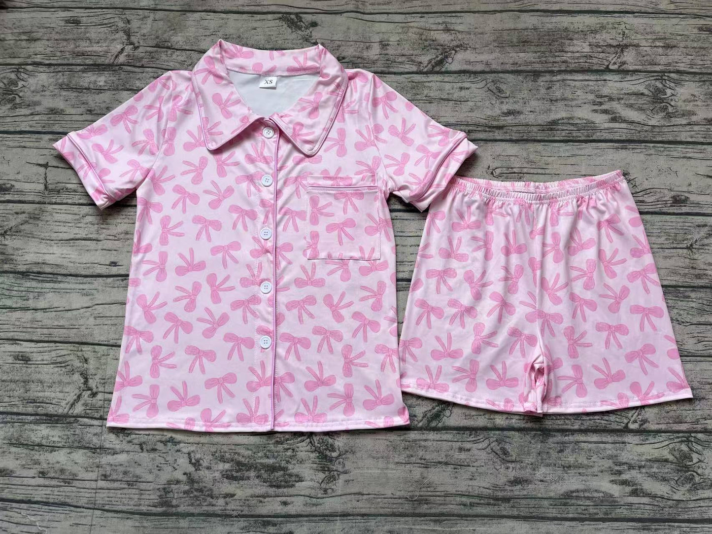 GSSO1535 Adult Women Pink Bows Buttons Tops Shorts Pajamas