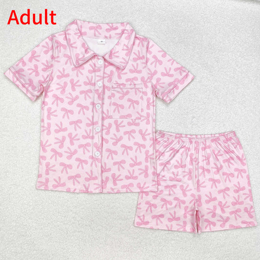 GSSO1535 Adult Women Pink Bows Buttons Tops Shorts Pajamas