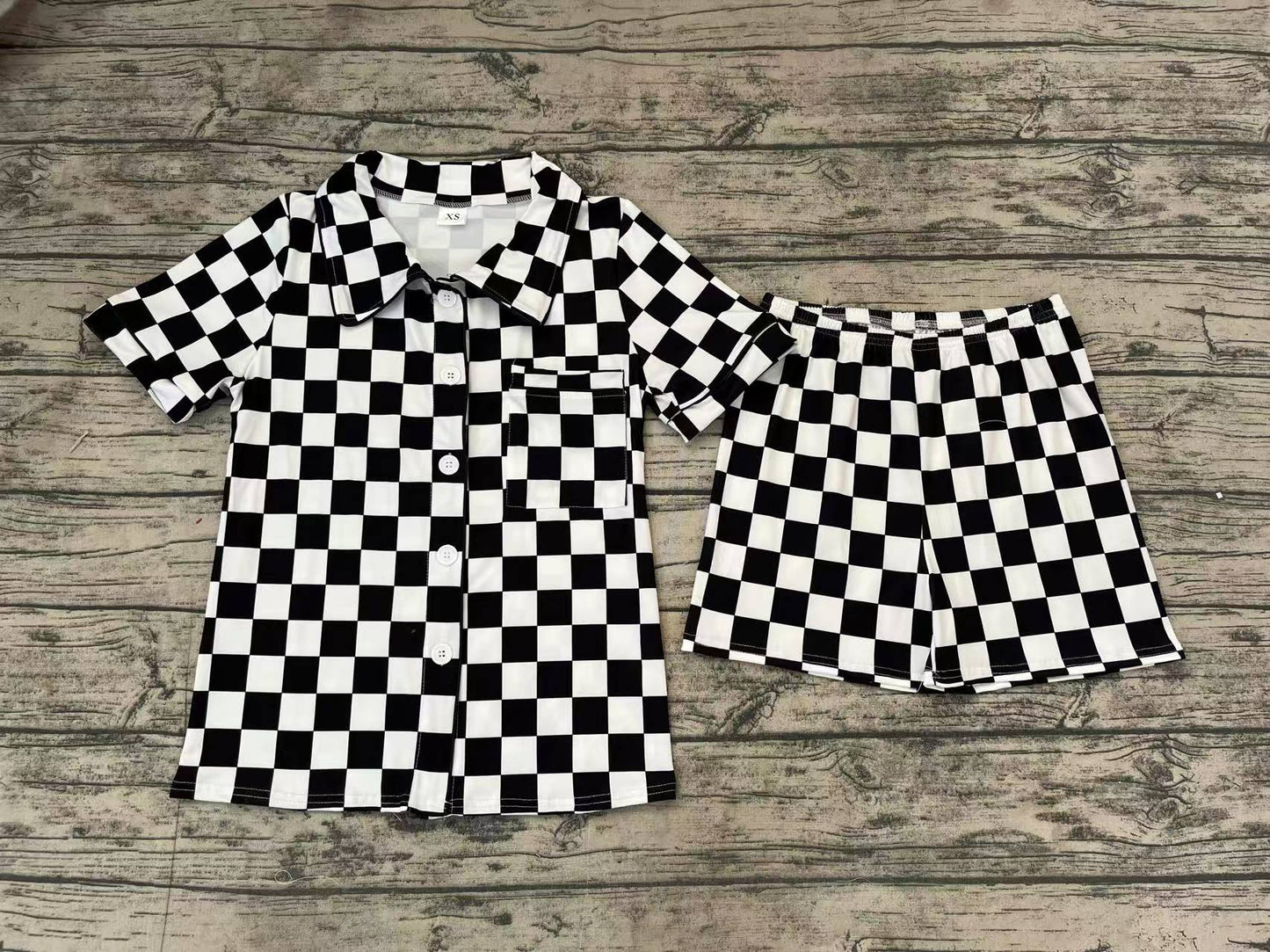 GSSO1536 Adult women black and white plaid short-sleeved shorts pajamas set