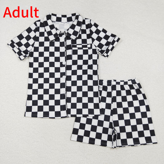 GSSO1536 Adult women black and white plaid short-sleeved shorts pajamas set