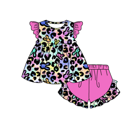 Presale GSSO1542  Easter Bunny Leopard Print Rose Red Lace Fly Sleeve Shorts Set 2024 10.29