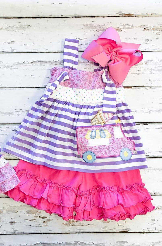 Presale GSSO1547 Ice Cream Truck Purple Striped Suspenders Rose Red Lace Shorts Set 2024 10.31