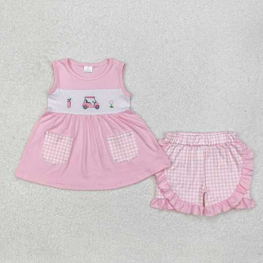 GSSO1554 Golf Cart Pink Plaid Pocket Sleeveless Shorts Set