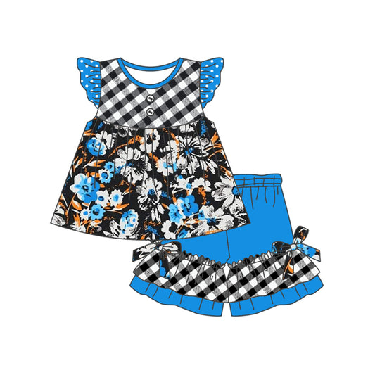 presale GSSO1558 Flower Black and White Plaid Polka Dot Blue Fly Sleeve Shorts Set  2024 11.5
