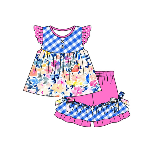 presale   GSSO1559  Flower blue and white plaid polka dot rose red flying sleeve shorts suit  2024 11.5