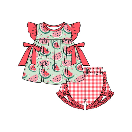 presale GSSO1561 Watermelon Brick Red Lace Bowknot Flying Sleeve Plaid Shorts Set  2024 11.5