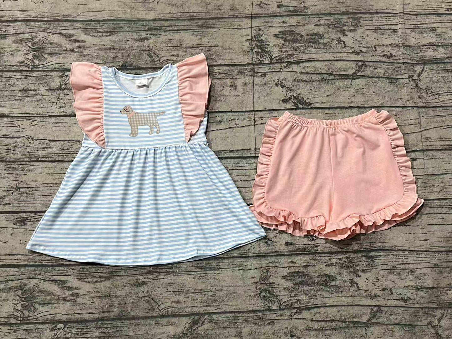 GSSO1563 Puppy Blue Stripe Pink Lace Sleeveless Shorts Set