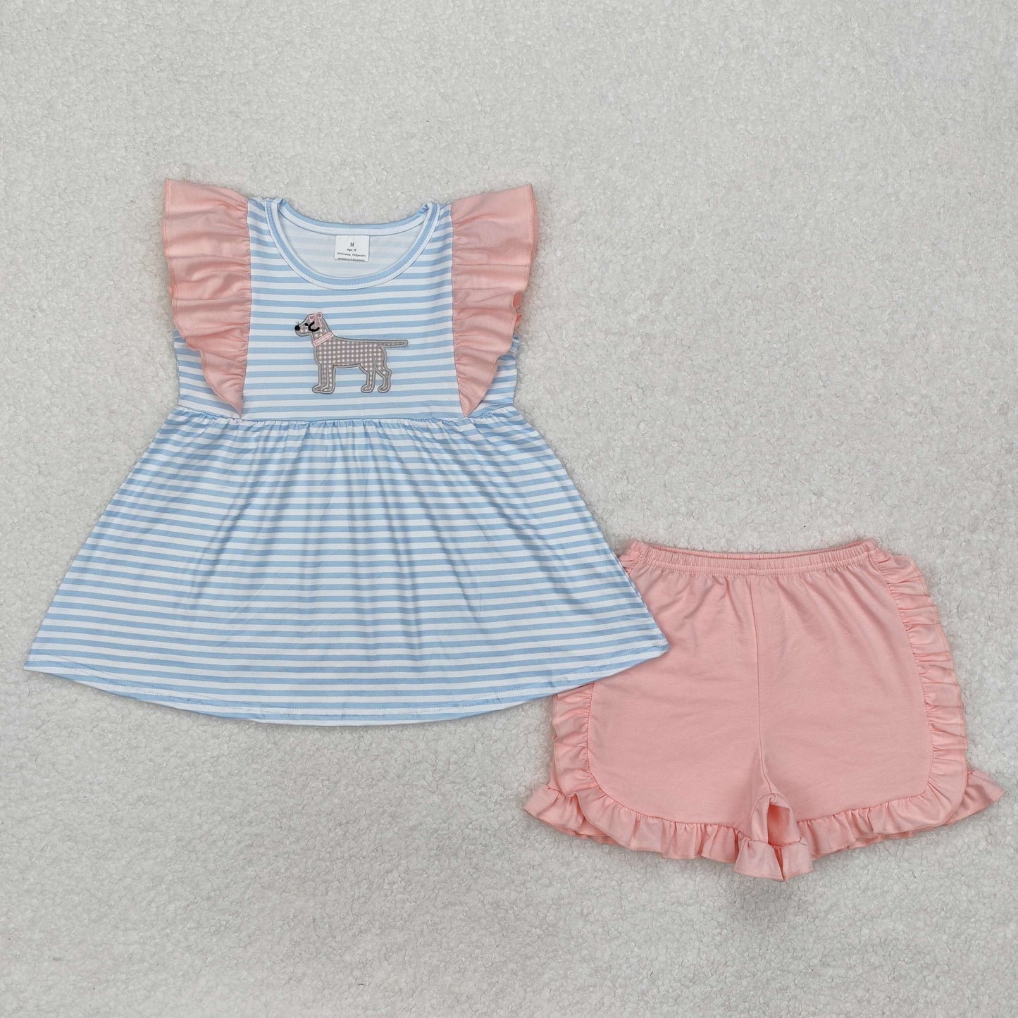 GSSO1563 Puppy Blue Stripe Pink Lace Sleeveless Shorts Set