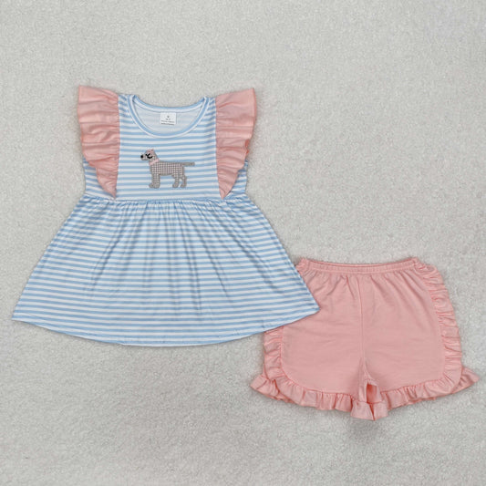 GSSO1563 Puppy Blue Stripe Pink Lace Sleeveless Shorts Set