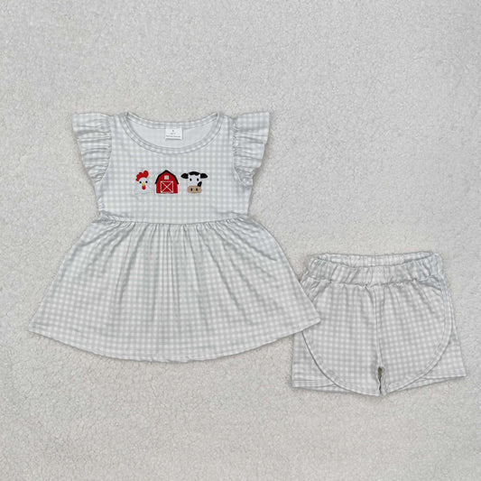 GSSO1564 Chicken Farm Red House Cow Green Plaid Flying Sleeve Shorts Set