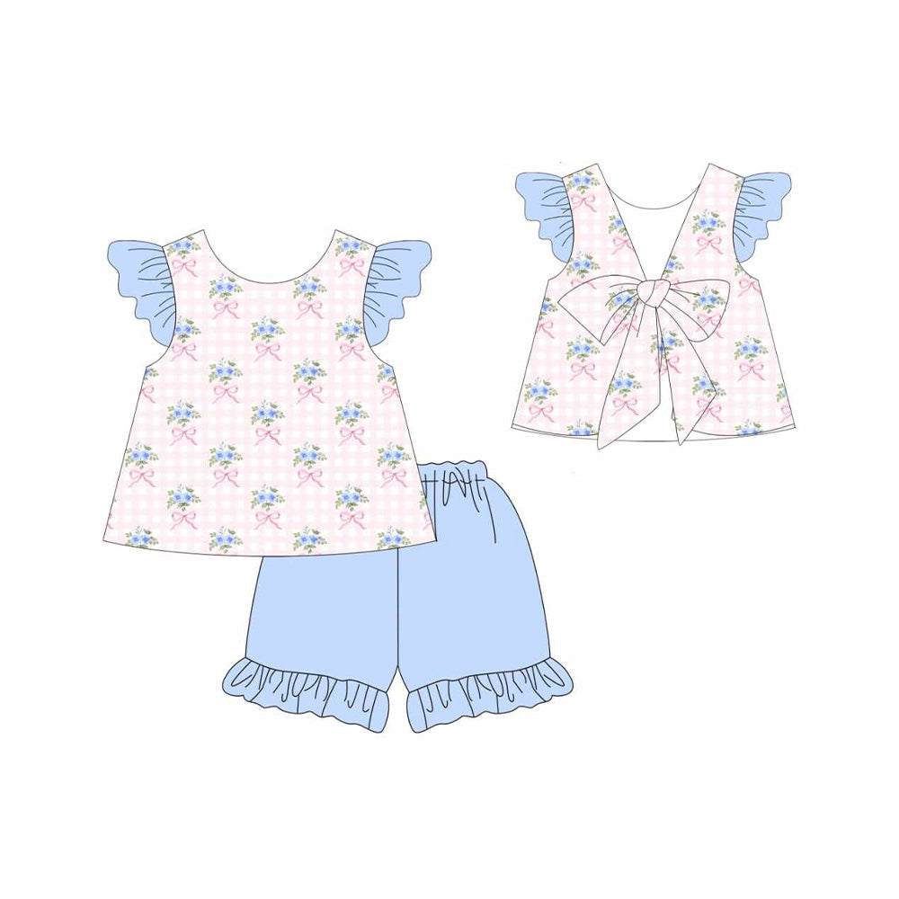 GSSO1577  Pink plaid flying sleeves and blue lace shorts set with flower and bow pattern  D 5.16