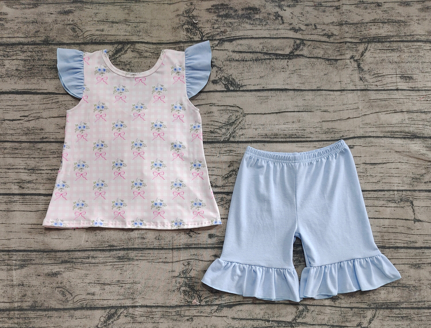 GSSO1577  Pink plaid flying sleeves and blue lace shorts set with flower and bow pattern  D 5.16