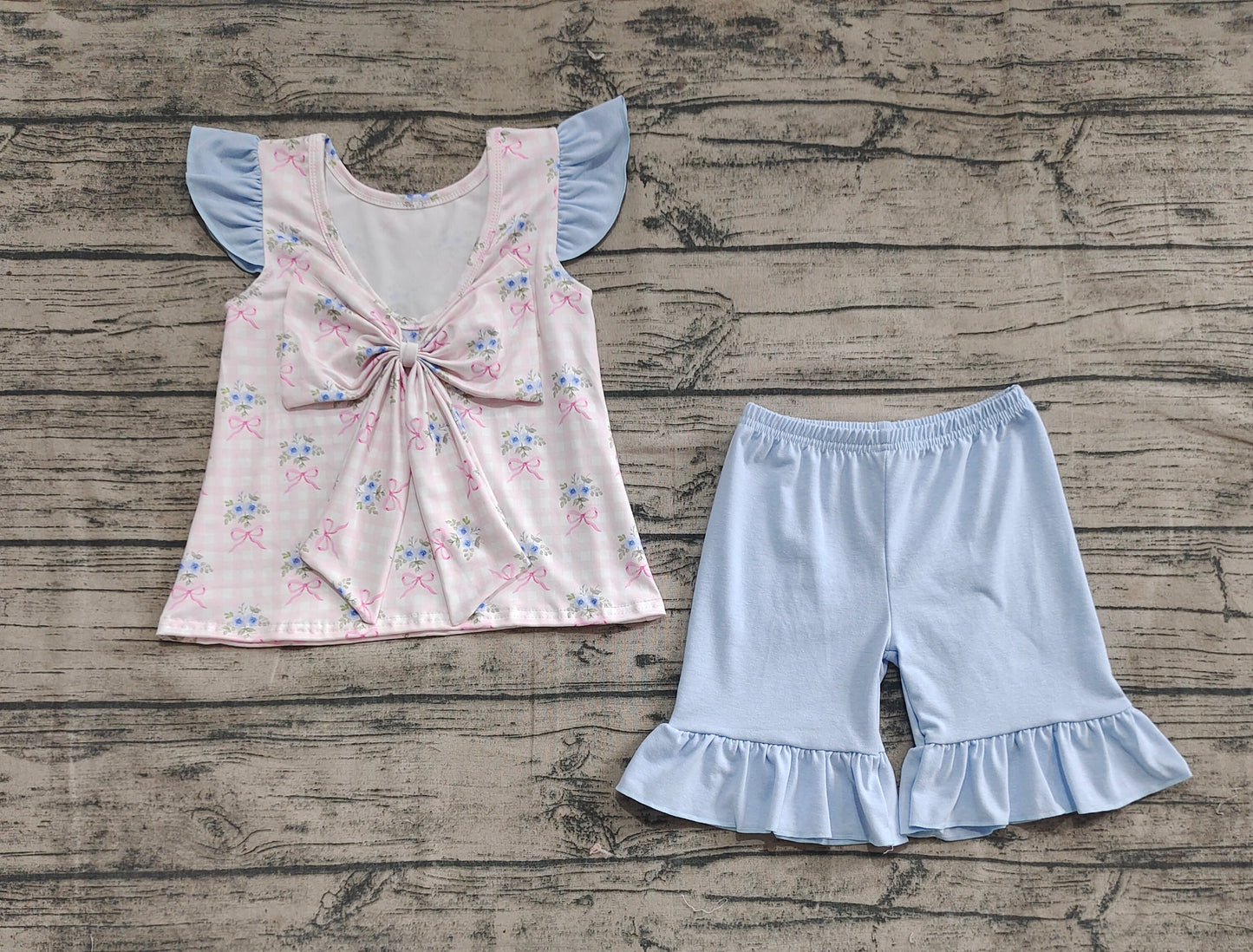 GSSO1577  Pink plaid flying sleeves and blue lace shorts set with flower and bow pattern  D 5.16