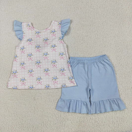 GSSO1577  Pink plaid flying sleeves and blue lace shorts set with flower and bow pattern  D 5.16