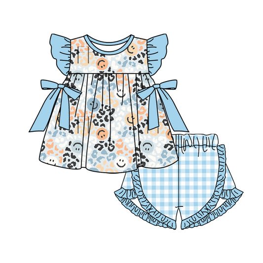 presale GSSO1581 Leopard Print Blue Lace Bowknot Flying Sleeve Plaid Shorts Set 2024 .11.8