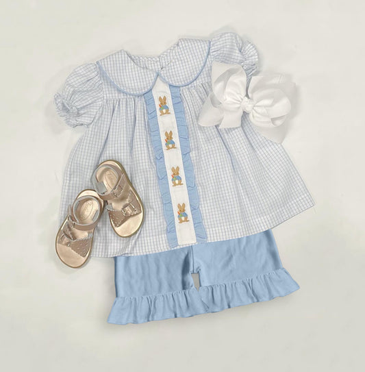 presale GSSO1583 Easter Bunny Plaid Short Sleeve Blue Lace Shorts Set 2024 .11.8