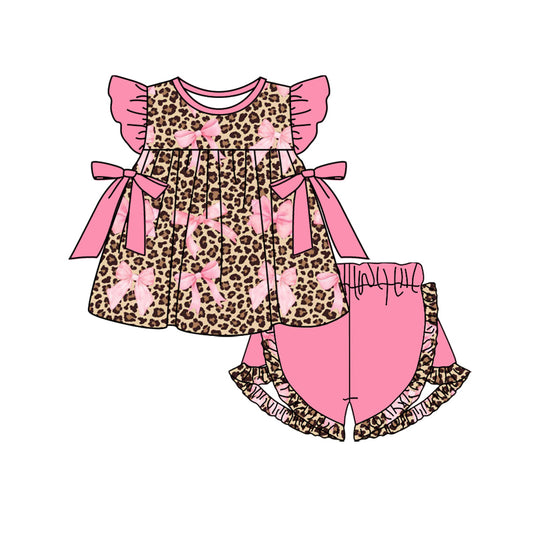 presale GSSO1586 Bow pattern leopard print pink lace bow flying sleeve shorts set 2024 .11.8