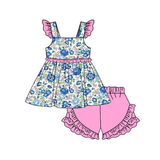 presale GSSO1591  Blue flower leaves pink lace flying sleeve shorts set  2024 11.11