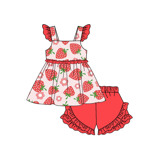 presale GSSO1593 Flower Strawberry Lace Pink Fly Sleeve Shorts Set  2024 11.12