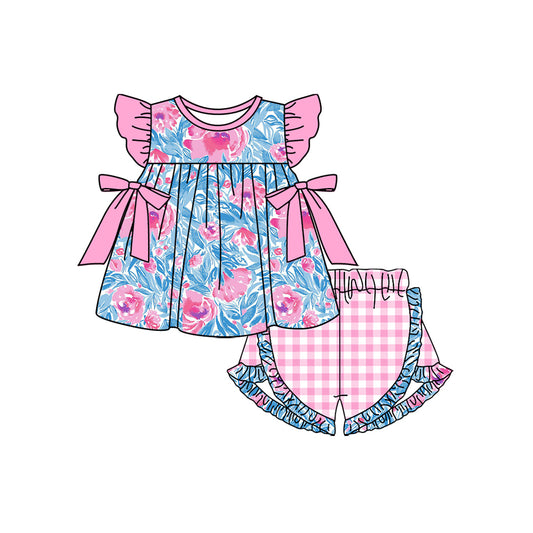 presale GSSO1595 Flower Leaf Pink Bow Blue Fly Sleeve Shorts Set 2024 11.12