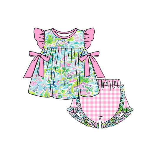 presale GSSO1596 Landscape Pink Bow Teal Flying Sleeve Plaid Shorts Set  2024 11.12