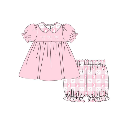 presale GSSO1597 Easter Bunny Bow Pattern Doll Collar Pink Short Sleeve Plaid Shorts Set  2024 11.12