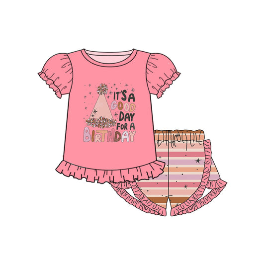 presale GSSO1601 Pink lettering short-sleeved striped shorts suit  2024 11.13