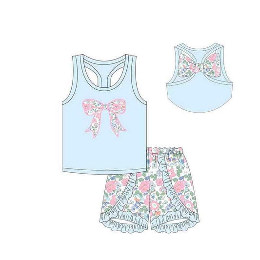 Presale GSSO1602  Floral Flower Leaf Bow Blue Vest Shorts Set 2024 11.14