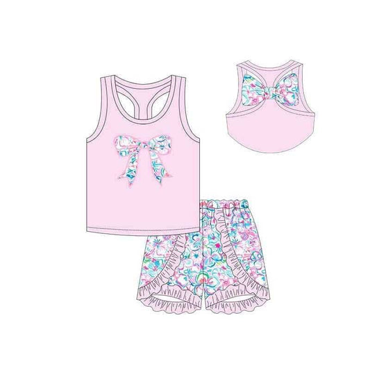 Presale GSSO1604 Pink vest and shorts set with floral bow   2024 11.14