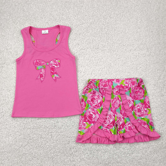 GSSO1605 Flower, Leaf, Bowknot Rose Red Vest Shorts Set  D 4.22
