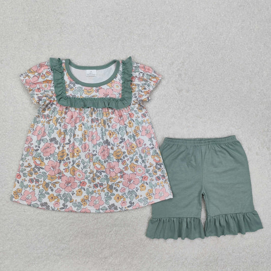 GSSO1607 Flower and leaf green lace short-sleeved shorts suit