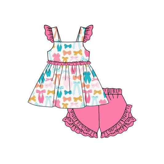 Presale GSSO1608  Colorful Bow Pattern Pink Lace Fly Sleeve Shorts Set  2024 11.14
