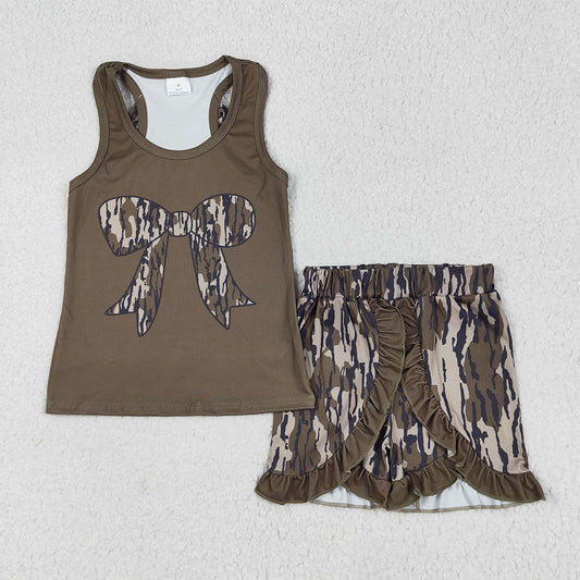 GSSO1627 Baby Girls Dark Green Bows Vest Ruffle Bottomland Camo Shorts Clothes Sets  D 6.13