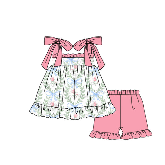 Presale GSSO1632  Pink lace halter shorts set with flower, leaf and bow pattern 2024 11.16