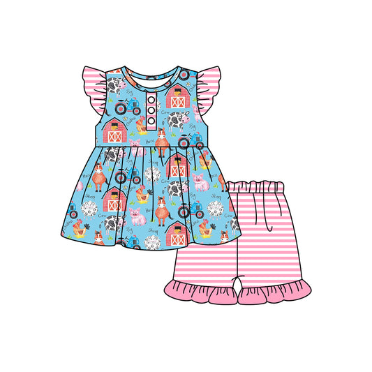 presale GSSO1634 Farm Animals Red House Blue Fly Sleeves Pink Striped Shorts Set   2024 11.18