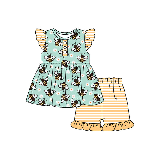 presale GSSO1635 Flower Daisy Bee Teal Fly Sleeve Yellow Striped Shorts Set   2024 11.18