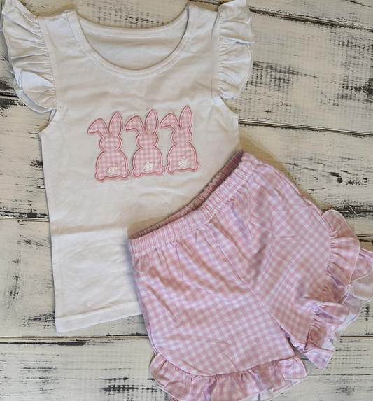 presale GSSO1636  Easter Bunny White Lace Sleeve Pink Plaid Shorts Set  2024 11.18