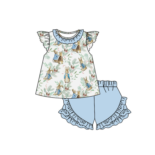 presale GSSO1637 Easter Bunny Leaf Blue Lace Fly Sleeve Shorts Set 2024 11.18