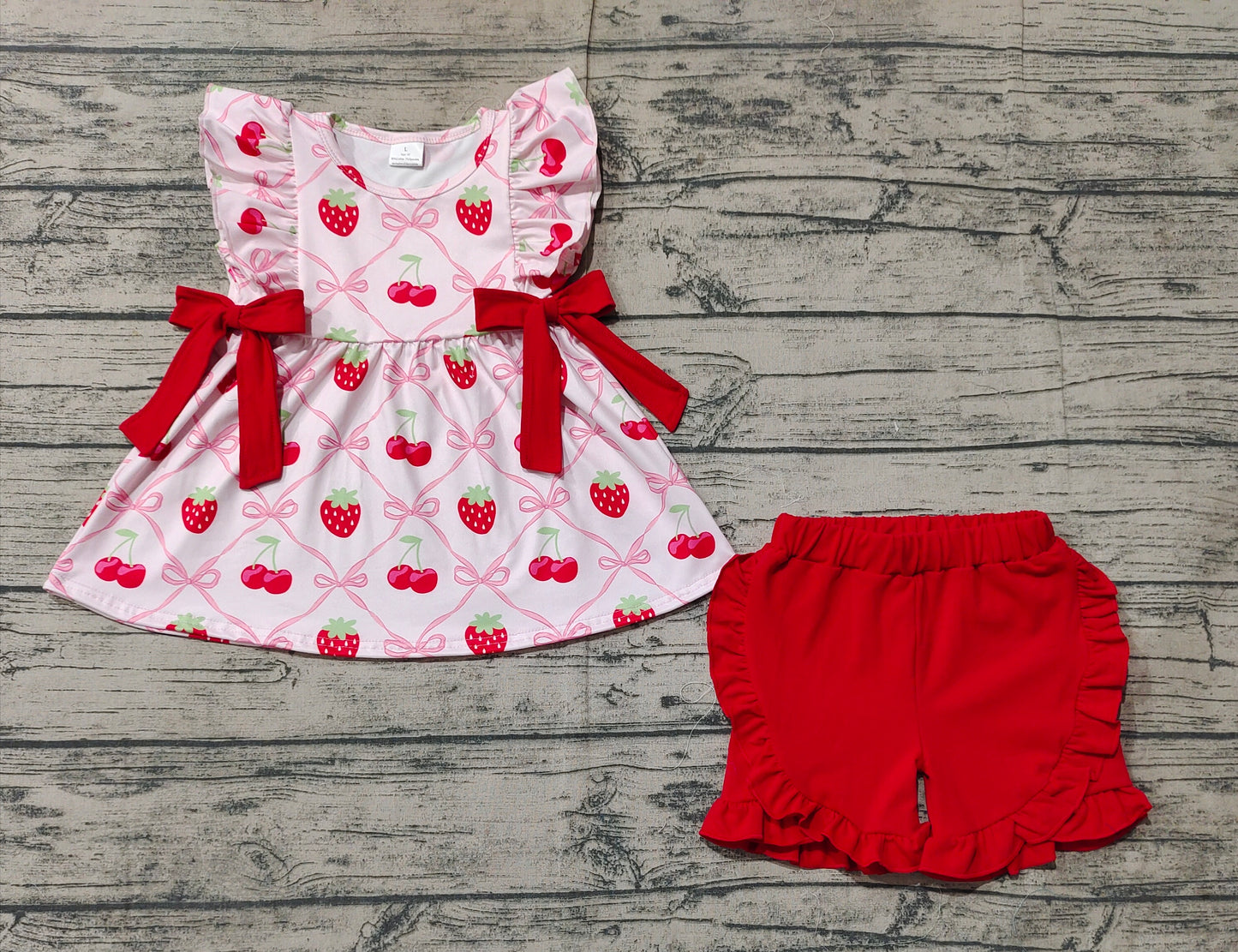 GSSO1640 Strawberry Cherry Red Bow Pink Sleeveless Shorts Set