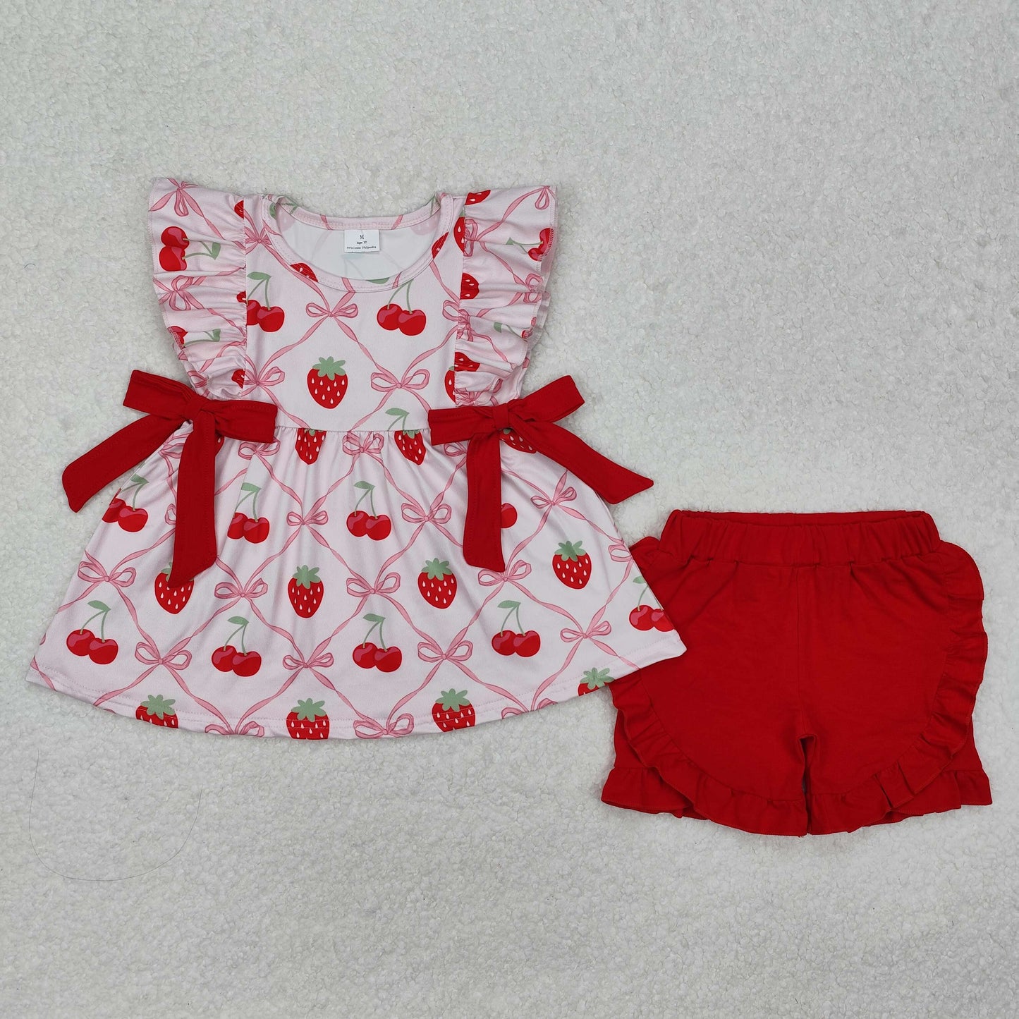 GSSO1640 Strawberry Cherry Red Bow Pink Sleeveless Shorts Set