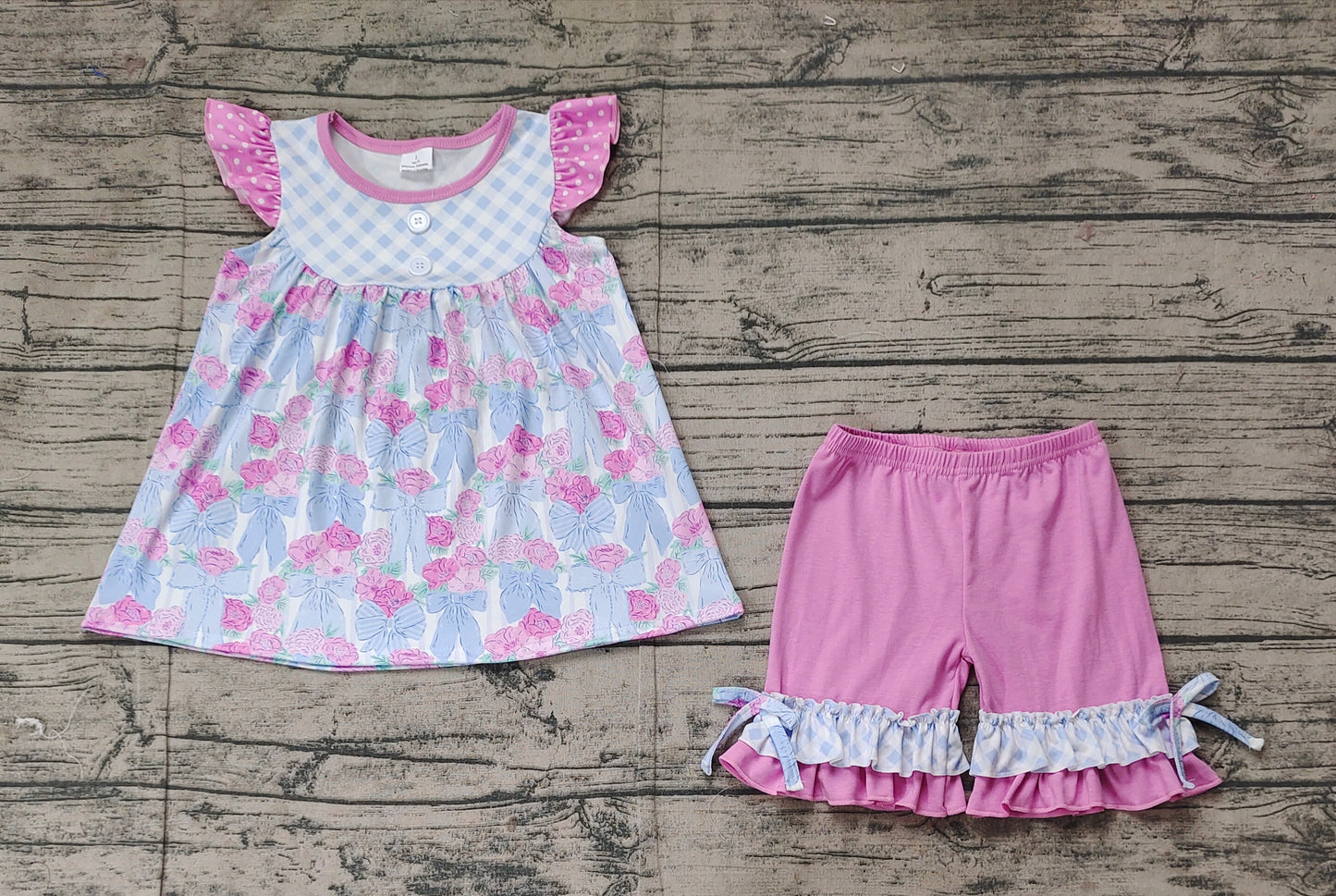 GSSO1642 Baby Girls Checkered Flowers Bows Tunic Ruffle Shorts Clothes Sets  D 3.10