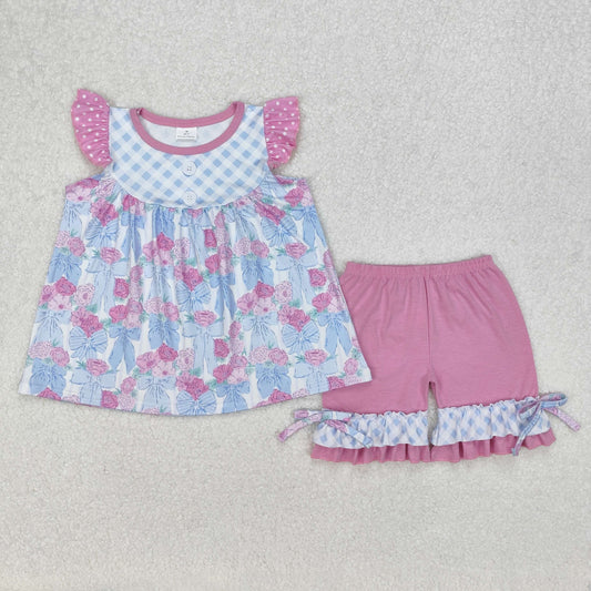 GSSO1642 Baby Girls Checkered Flowers Bows Tunic Ruffle Shorts Clothes Sets  D 3.10