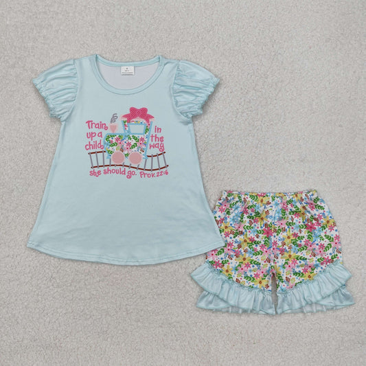 GSSO1643  Letter Train Blue Short Sleeve Flower Leaf Floral Shorts Suit D 5.22