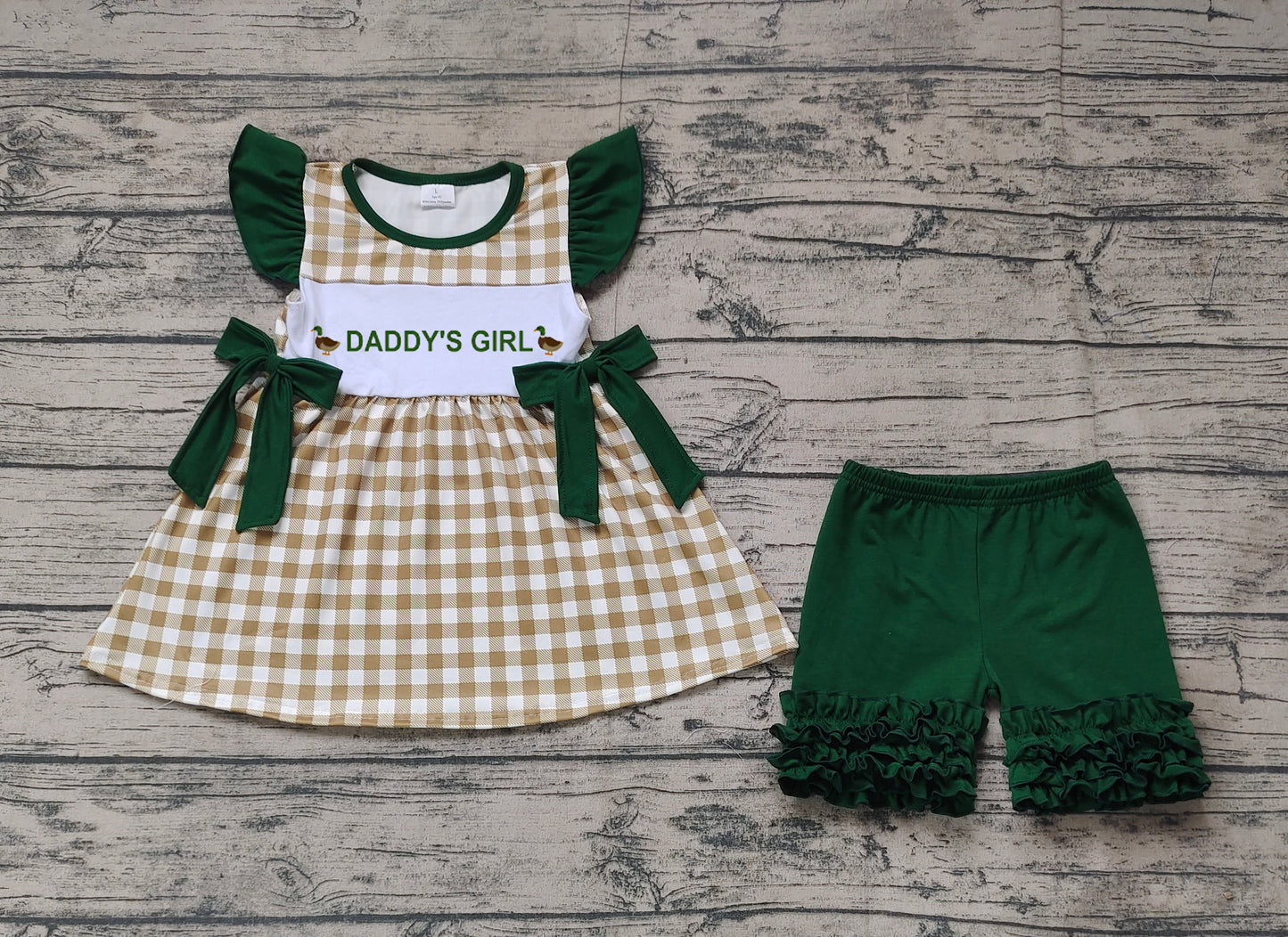 GSSO1646  daddy's girl duck green lace butterfly plaid flying sleeve shorts suit