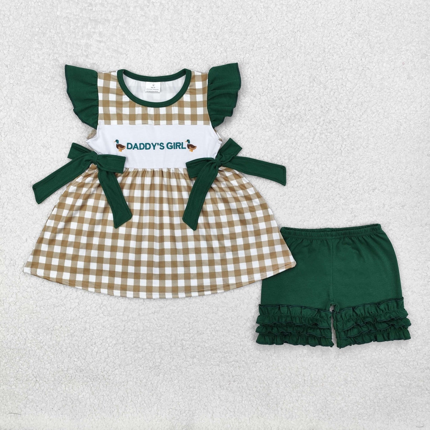 GSSO1646  daddy's girl duck green lace butterfly plaid flying sleeve shorts suit