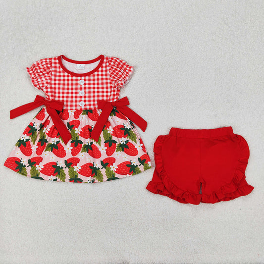 GSSO1648 Baby Girls Red Checkered Strawberry Bows Tunic Ruffle Shorts Clothes Sets D 3.15