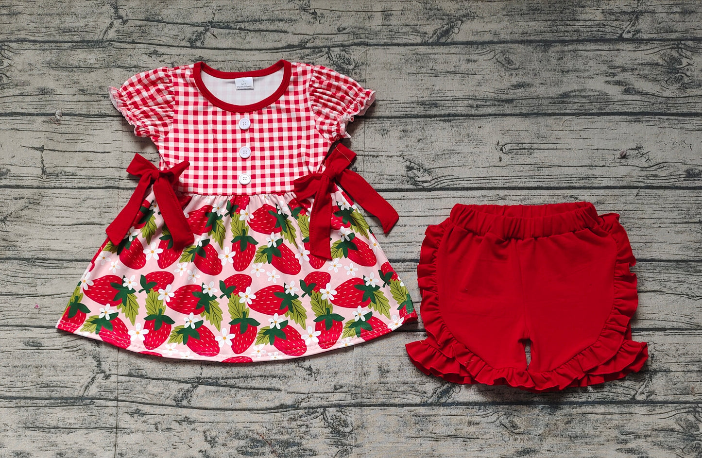 GSSO1648  Baby Girls Red Checkered Strawberry Bows Tunic Ruffle Shorts Clothes Sets  D 3.15