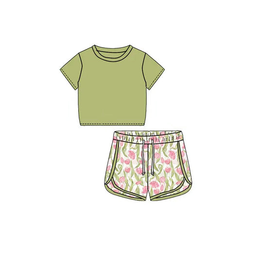 presale GSSO1653 Solid light green short-sleeved tulip flower shorts suit 2024 11.22
