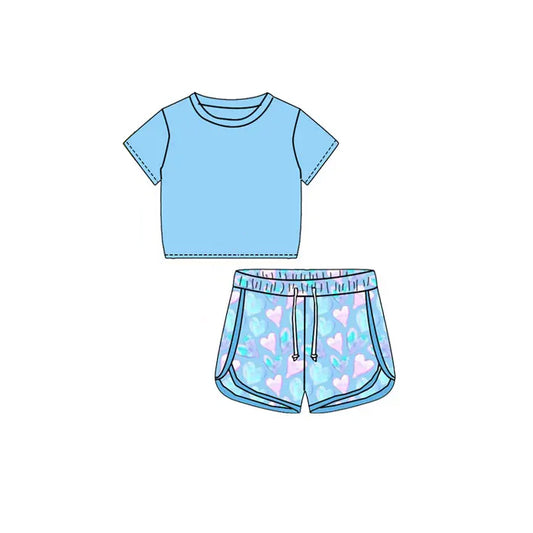 presale GSSO1654 Solid blue short-sleeved heart shorts suit  2024 11.22